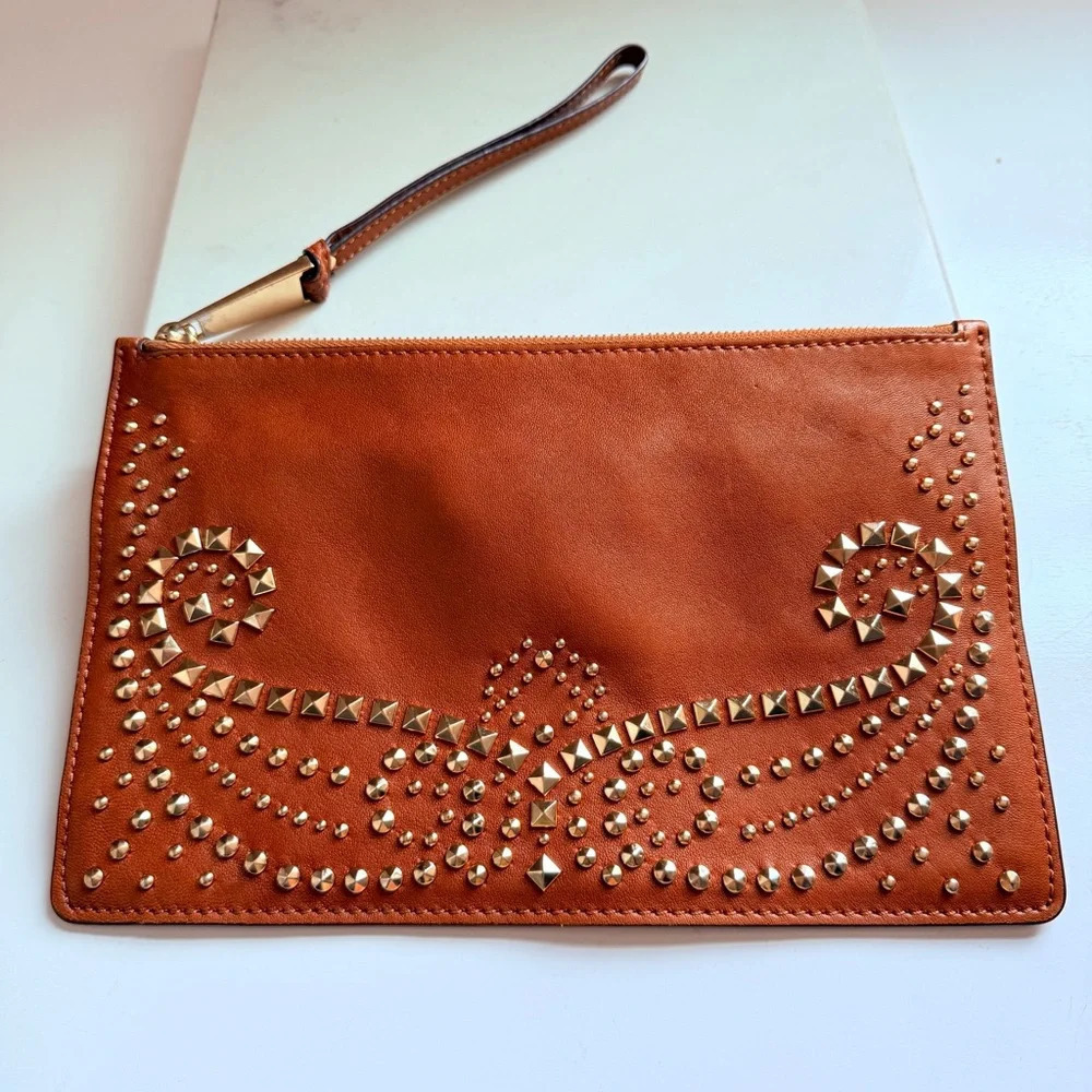 Micheal Kors Rhea Luggage Brown Lamb Leather Studded Large Wristlet/Clutch - Picture 2 of 8